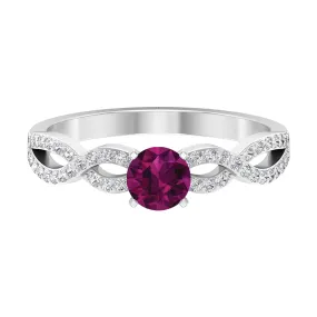 1 CT Round Shape Rhodolite and Diamond Criss Cross Ring