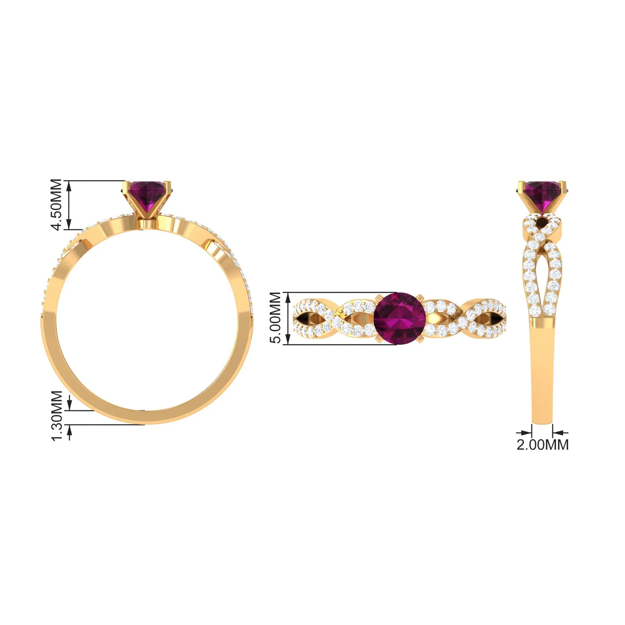 1 CT Round Shape Rhodolite and Diamond Criss Cross Ring