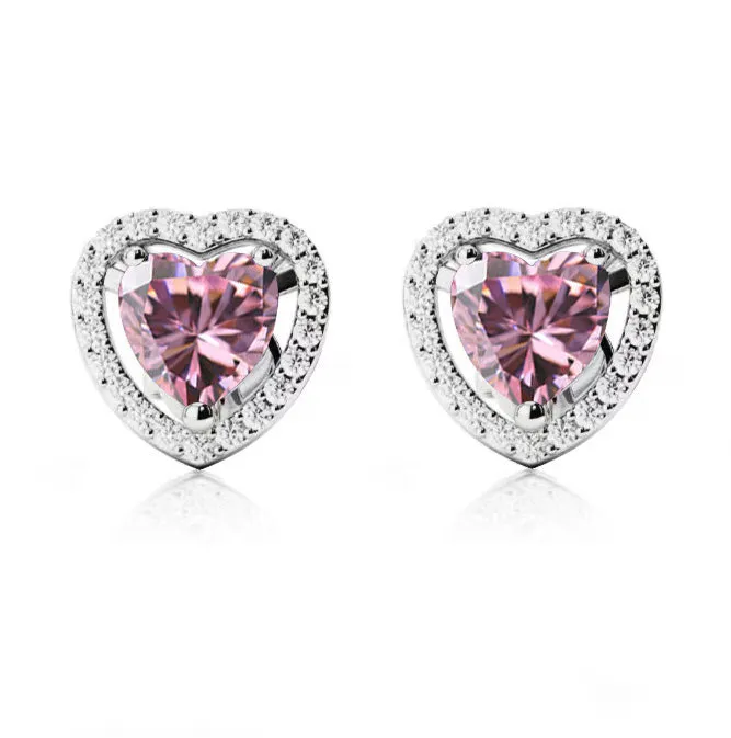 10k White Gold Plated 4 Ct Created Halo Heart Pink Sapphire Stud Earrings