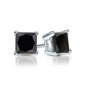 10k White Gold Plated Created Black Sapphire 1/2Ct Princess Cut  Stud Earrings