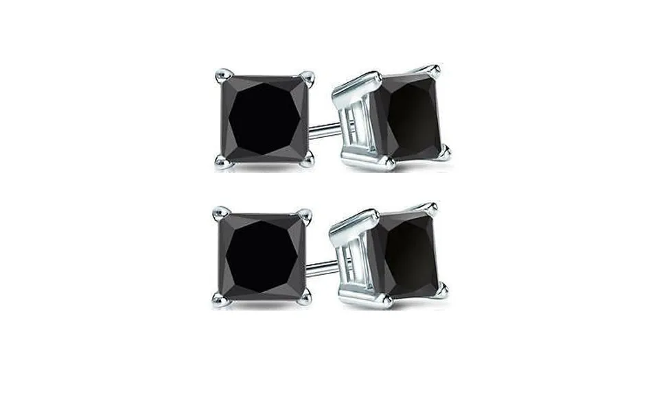 10k White Gold Plated Created Black Sapphire 1Ct Princess Cut Pack of Two Stud Earrings