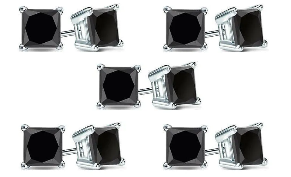 10k White Gold Plated Created Black Sapphire 2Ct Princess Cut Pack of Five Stud Earrings