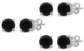 10k White Gold Plated Created Black Sapphire 3Ct Round Set of Three Stud Earrings