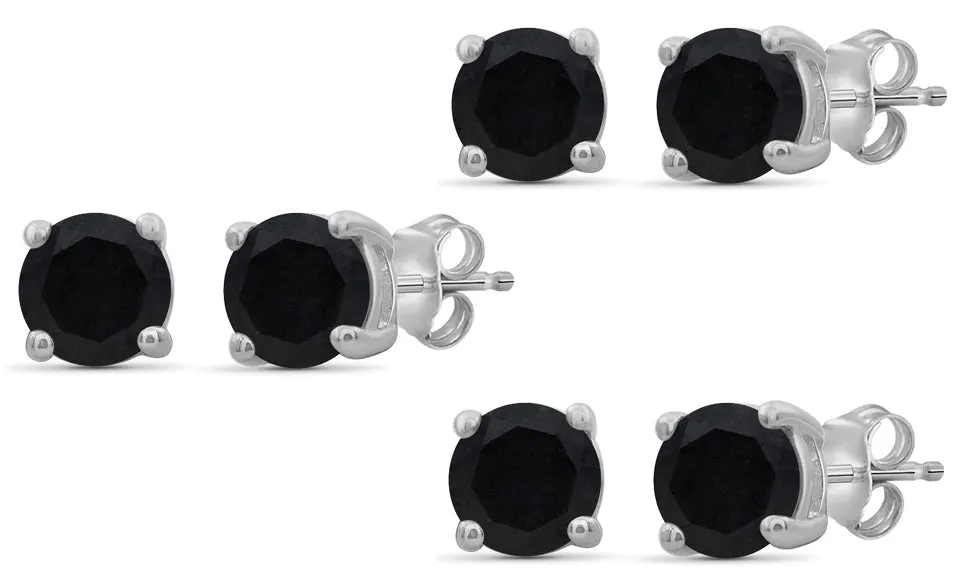 10k White Gold Plated Created Black Sapphire 3Ct Round Set of Three Stud Earrings