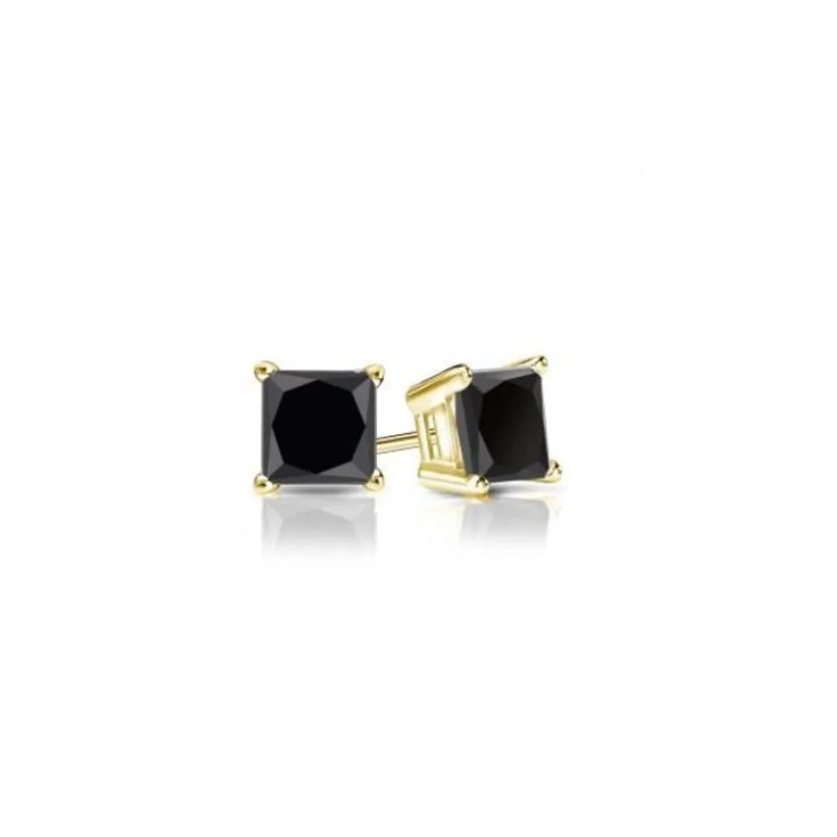 10k Yellow Gold Plated 2 Carat Princess Cut Created Black Sapphire Stud Earrings