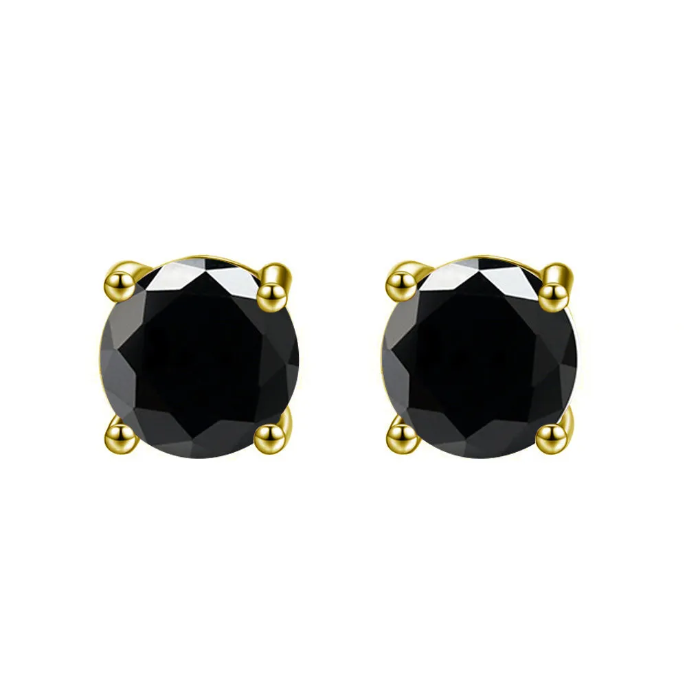 10k Yellow Gold Plated Created Black Sapphire 1Carat Round Stud Earrings