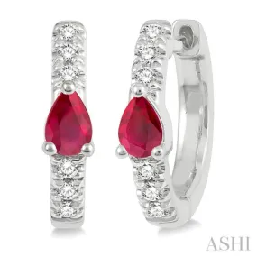 1/10 Ctw 4X3 MM Pear Cut Ruby and Round Cut Diamond Huggie Earrings in 10K White Gold