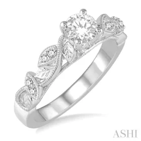 1/10 Ctw Round Semi-Mount Leaf Motif Engagement Ring in 14K White Gold