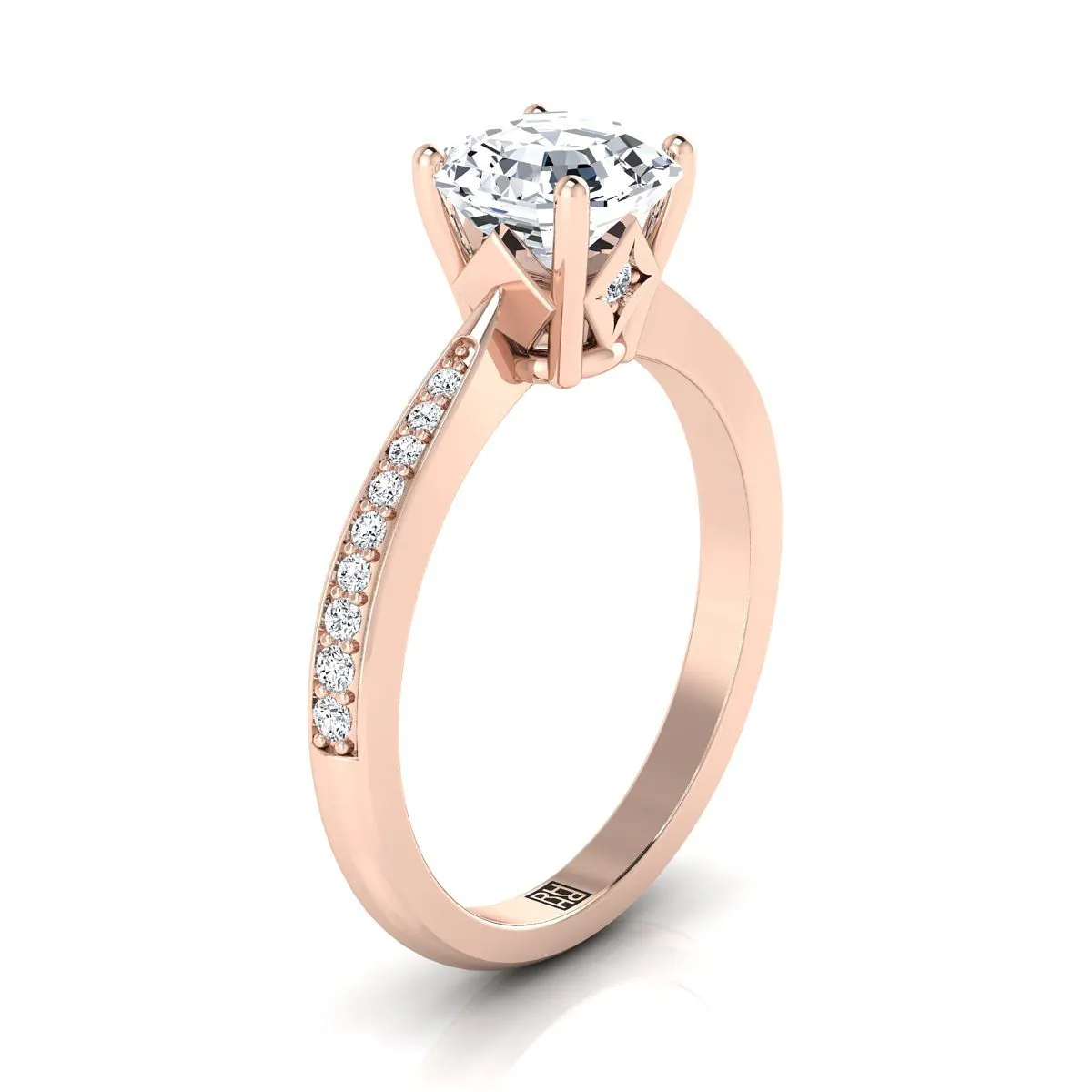 14K Rose Gold Asscher Cut Diamond Tapered Pave Engagement Ring -1/8ctw