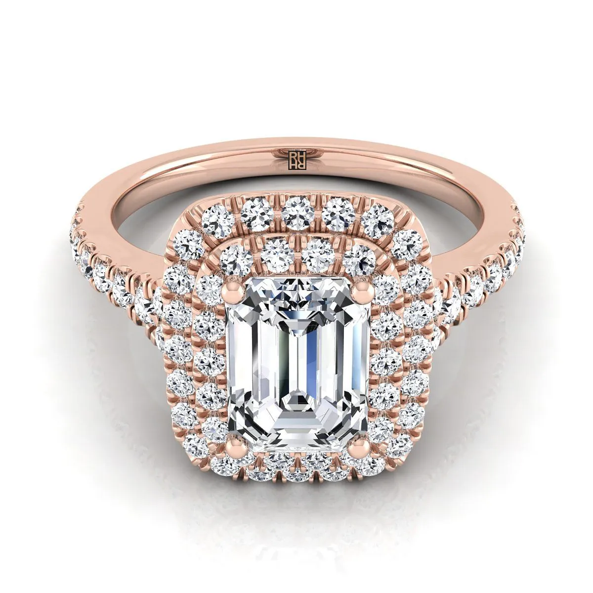 14K Rose Gold Emerald Cut Diamond Double Halo Scalloped Pavé Engagement Ring -1/2ctw