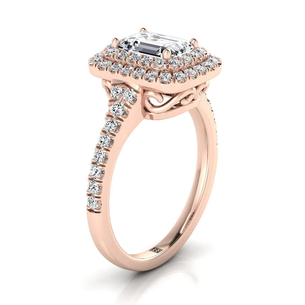 14K Rose Gold Emerald Cut Diamond Double Halo Scalloped Pavé Engagement Ring -1/2ctw