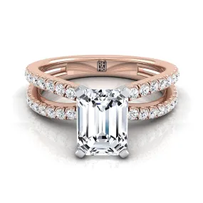 14K Rose Gold Emerald Cut Diamond Two Row Pavé Split Shank Engagement Ring -1/3ctw