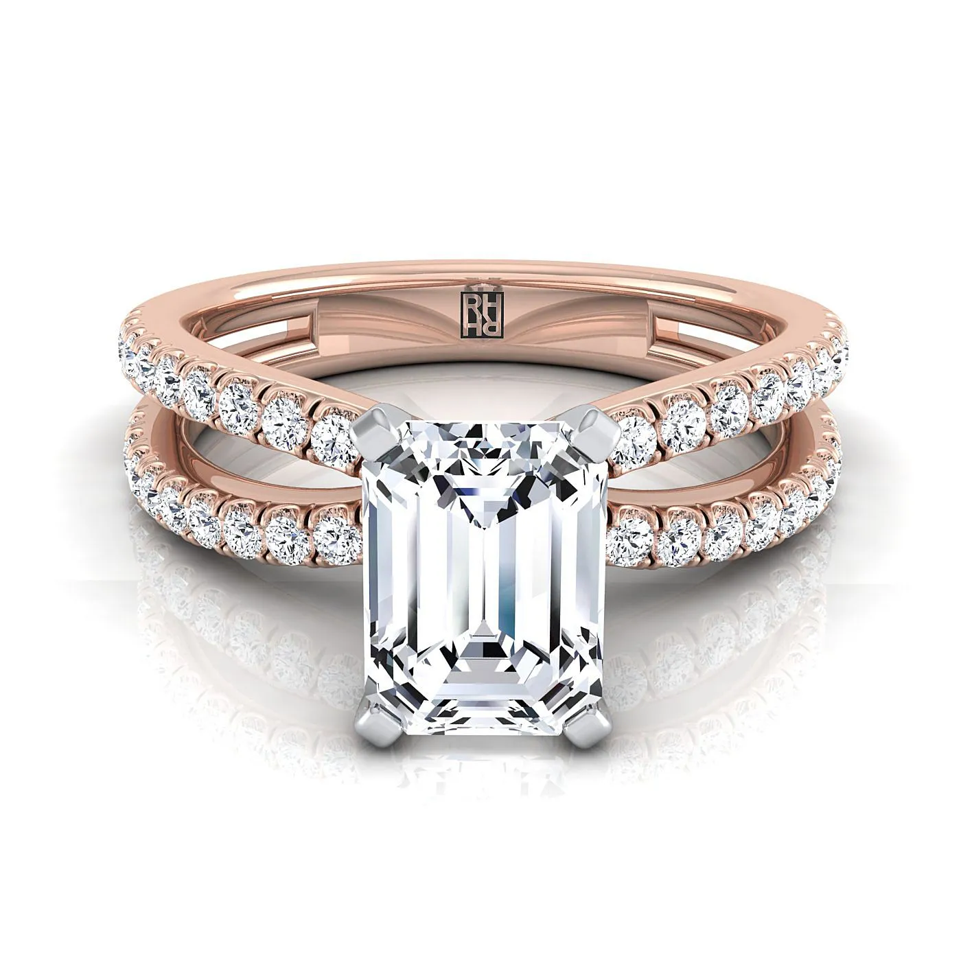 14K Rose Gold Emerald Cut Diamond Two Row Pavé Split Shank Engagement Ring -1/3ctw