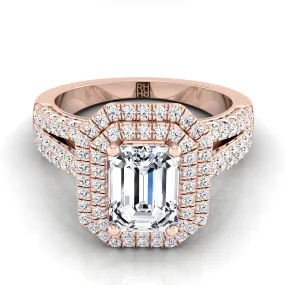 14K Rose Gold Emerald Cut Extraordinary Three Tier Diamond Halo Crown Engagement Ring -7/8ctw