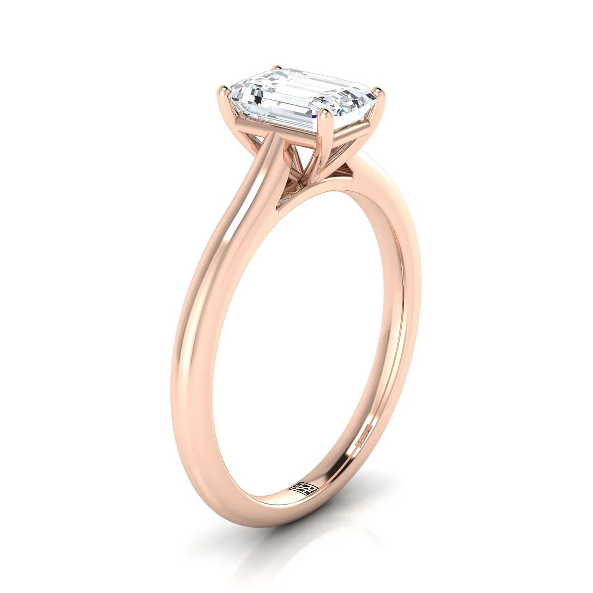 14K Rose Gold Emerald Cut  Pinched Comfort Fit Claw Prong Solitaire Engagement Ring