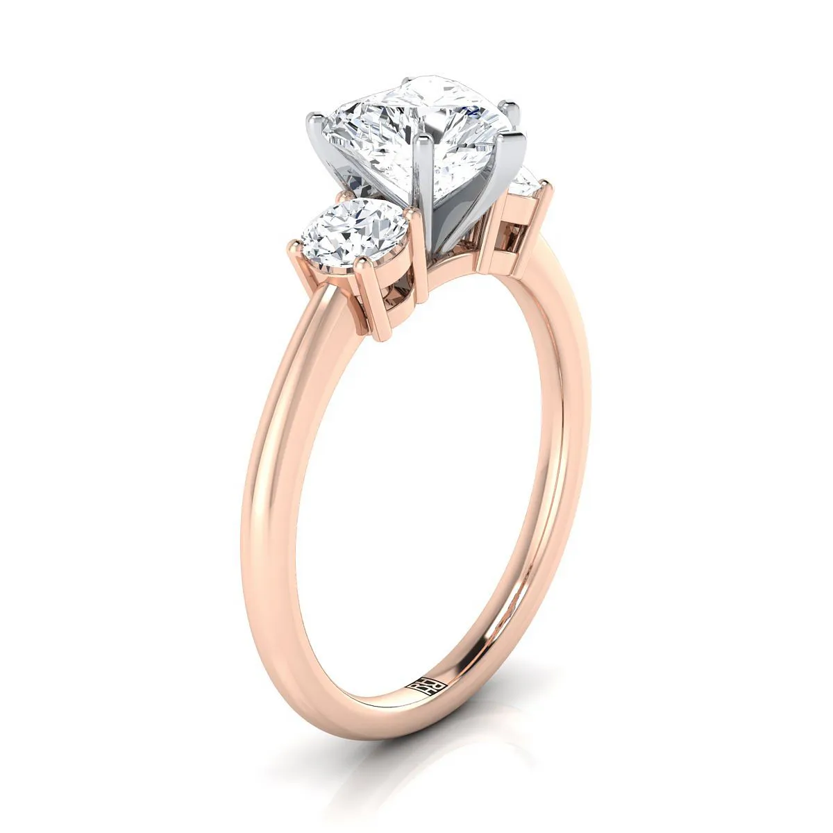 14K Rose Gold Heart Shape Center Diamond Perfectly Matched Round Three Stone Diamond Engagement Ring -1/4ctw