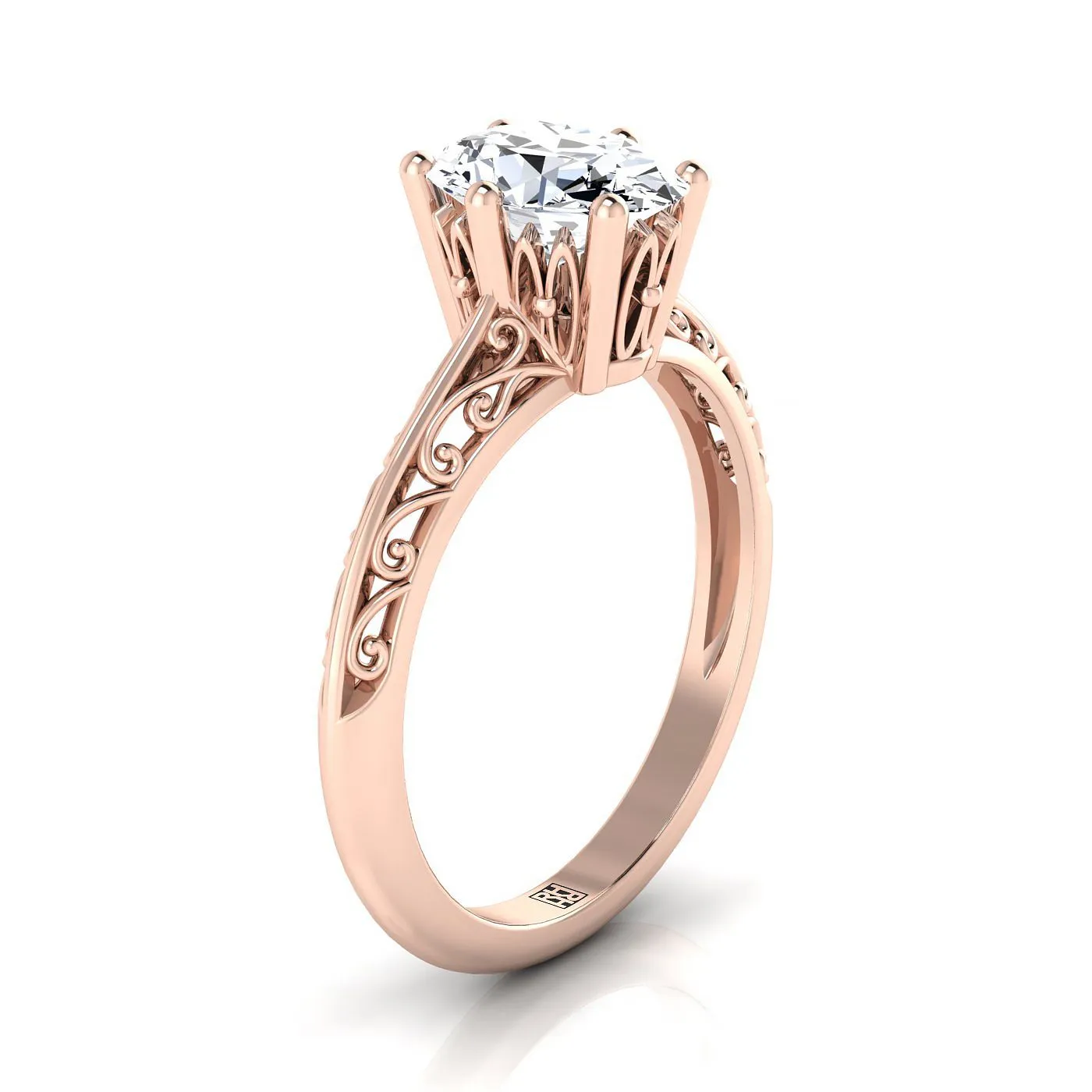 14K Rose Gold Oval  Delicate Vintage Scroll Cut Out Solitaire Engagement Ring