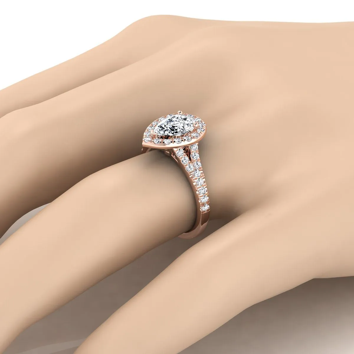 14K Rose Gold Pear Shape Center Diamond Simple Prong Halo with Petite Split Shank Pave Engagement Ring -1/2ctw