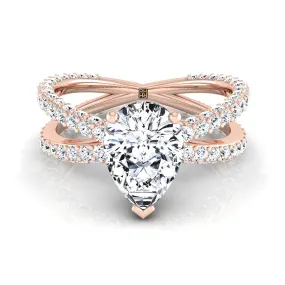 14K Rose Gold Pear Shape Center Open Diamond Pave Criss Cross Engagement Ring -1-1/3ctw