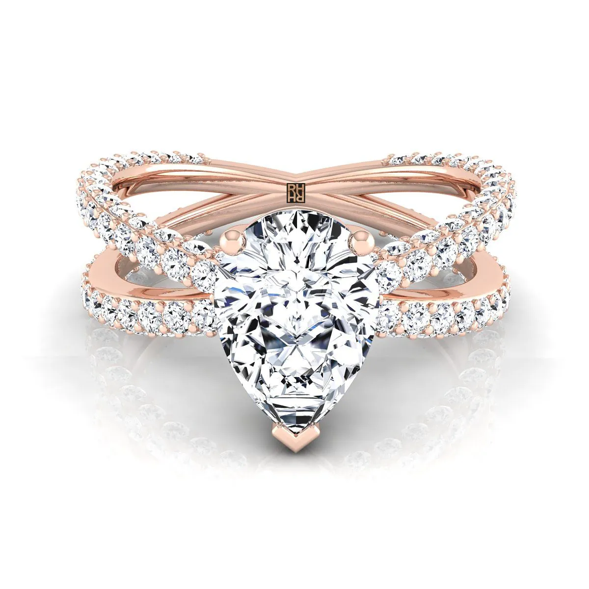 14K Rose Gold Pear Shape Center Open Diamond Pave Criss Cross Engagement Ring -1-1/3ctw