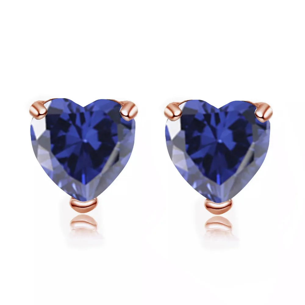 14k Rose Gold Plated 4 Carat Heart Created Blue Sapphire Stud Earrings