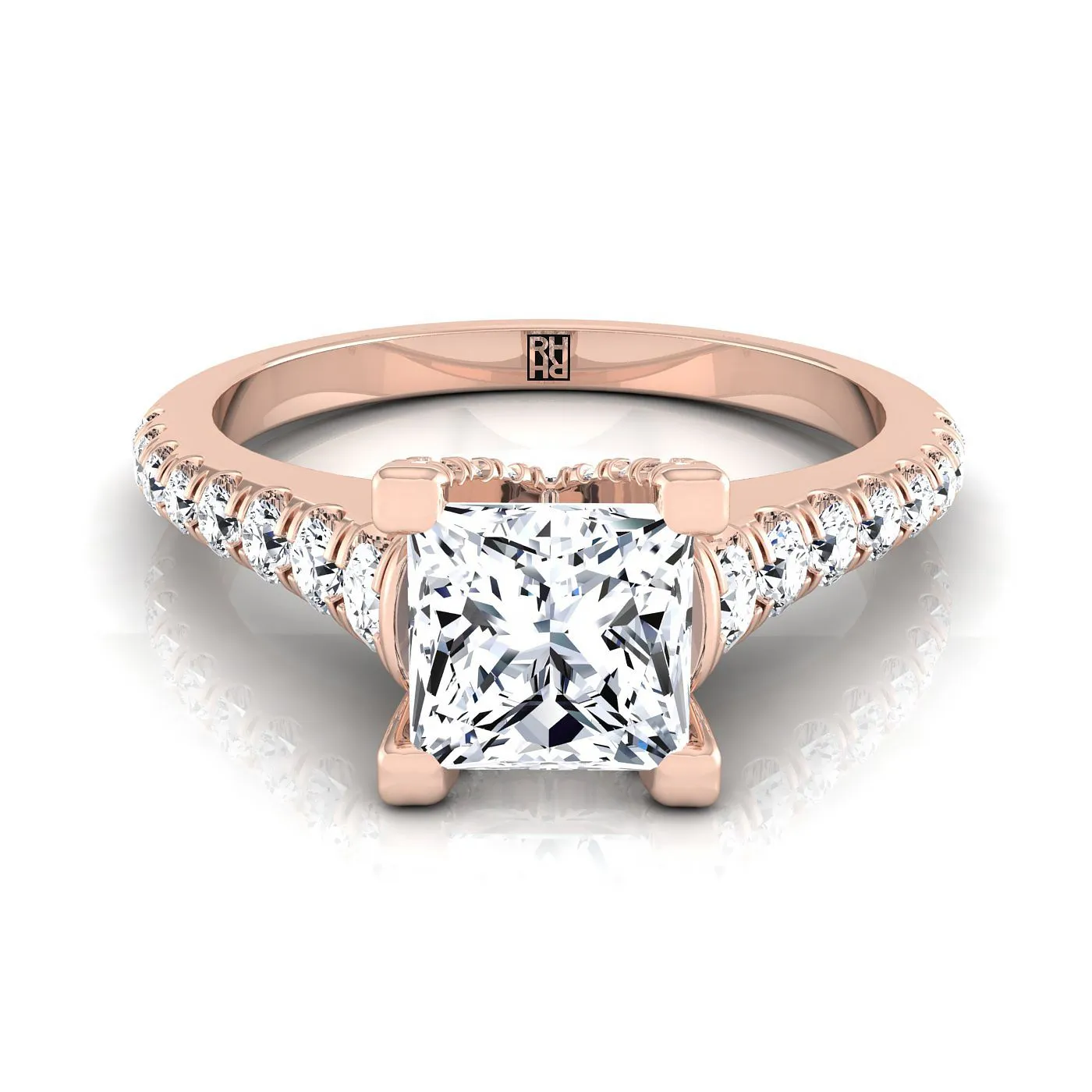 14K Rose Gold Princess Cut Diamond Pave Prong Linear Engagement Ring -1/2ctw