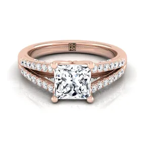 14K Rose Gold Princess Cut Diamond Split Shank French Pave Engagement Ring -1/3ctw