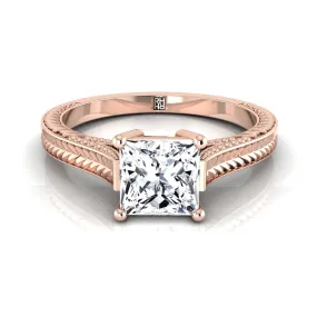 14K Rose Gold Princess Cut  Hand Engraved Vintage Cathedral Style Solitaire Engagement Ring