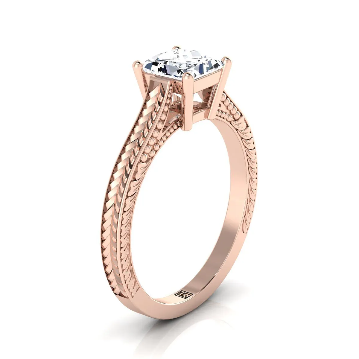 14K Rose Gold Princess Cut  Hand Engraved Vintage Cathedral Style Solitaire Engagement Ring