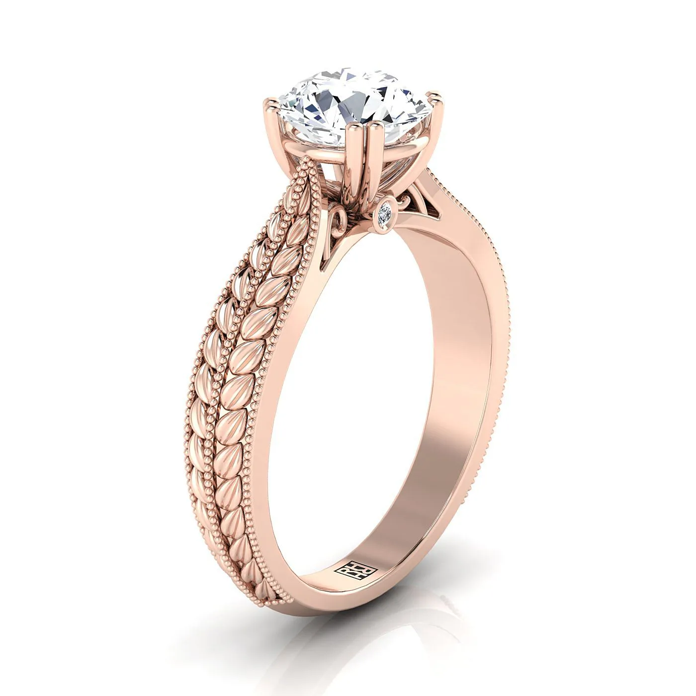 14K Rose Gold Round Brilliant Antique Wheat and Bead Pinched Solitaire Engagement RIng