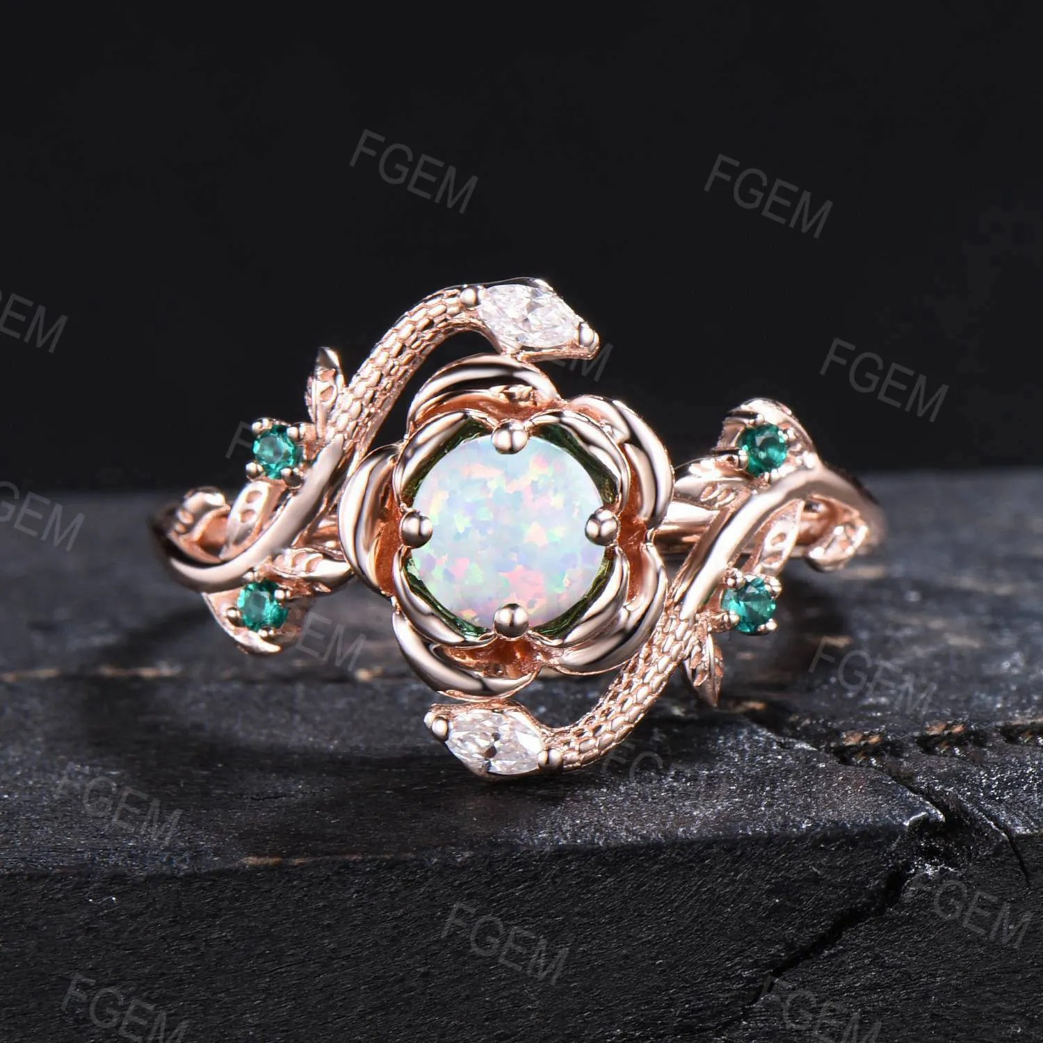 14k Solid Gold Snake Floral White Opal Engagement Ring Nature Inspired Leaf Vine Emerald Wedding Ring October Birthstone Gifts