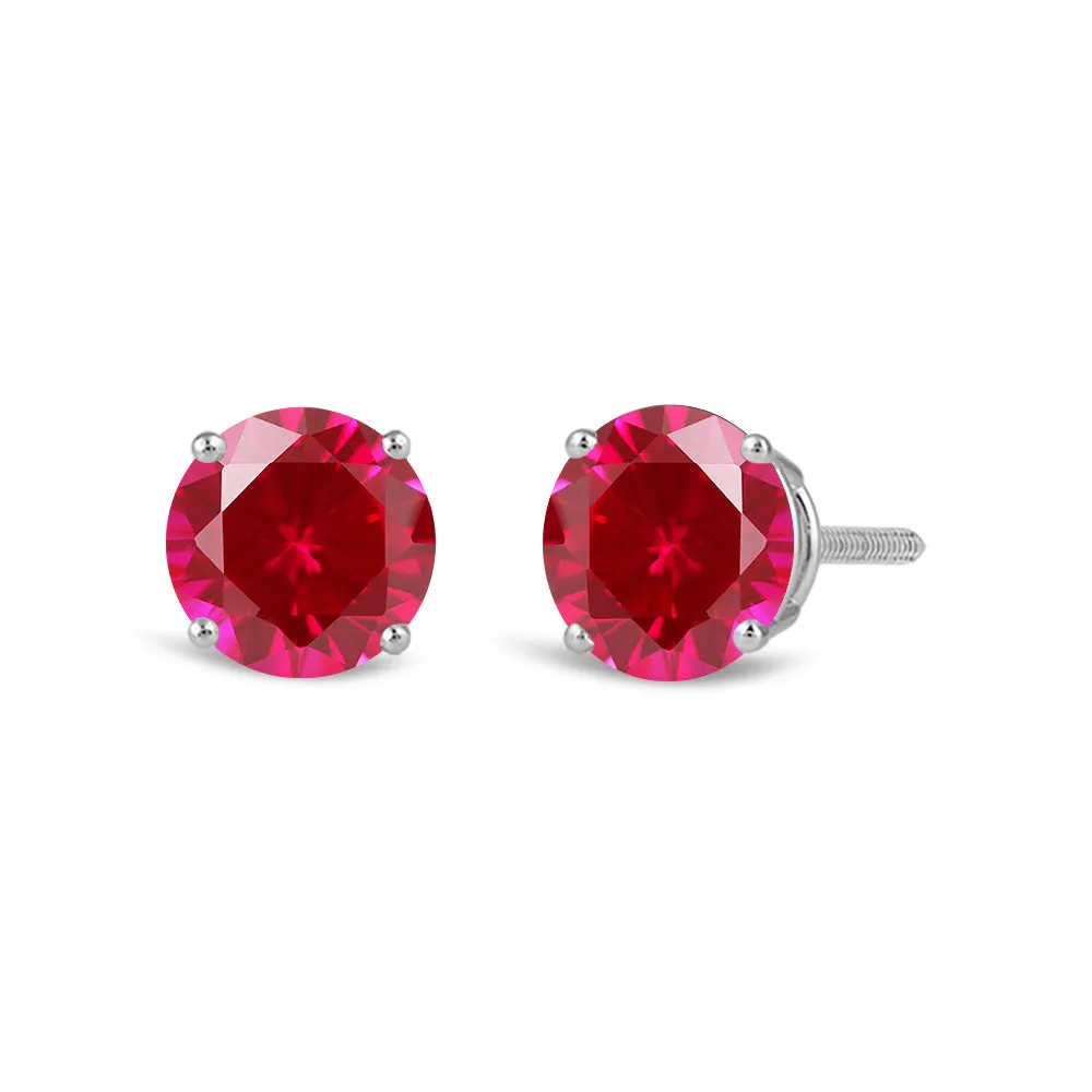 14K Solid White Gold Classic Four Prong Stud Earrings | Round Cut Created Ruby | Screw Back Posts | With Gift Box