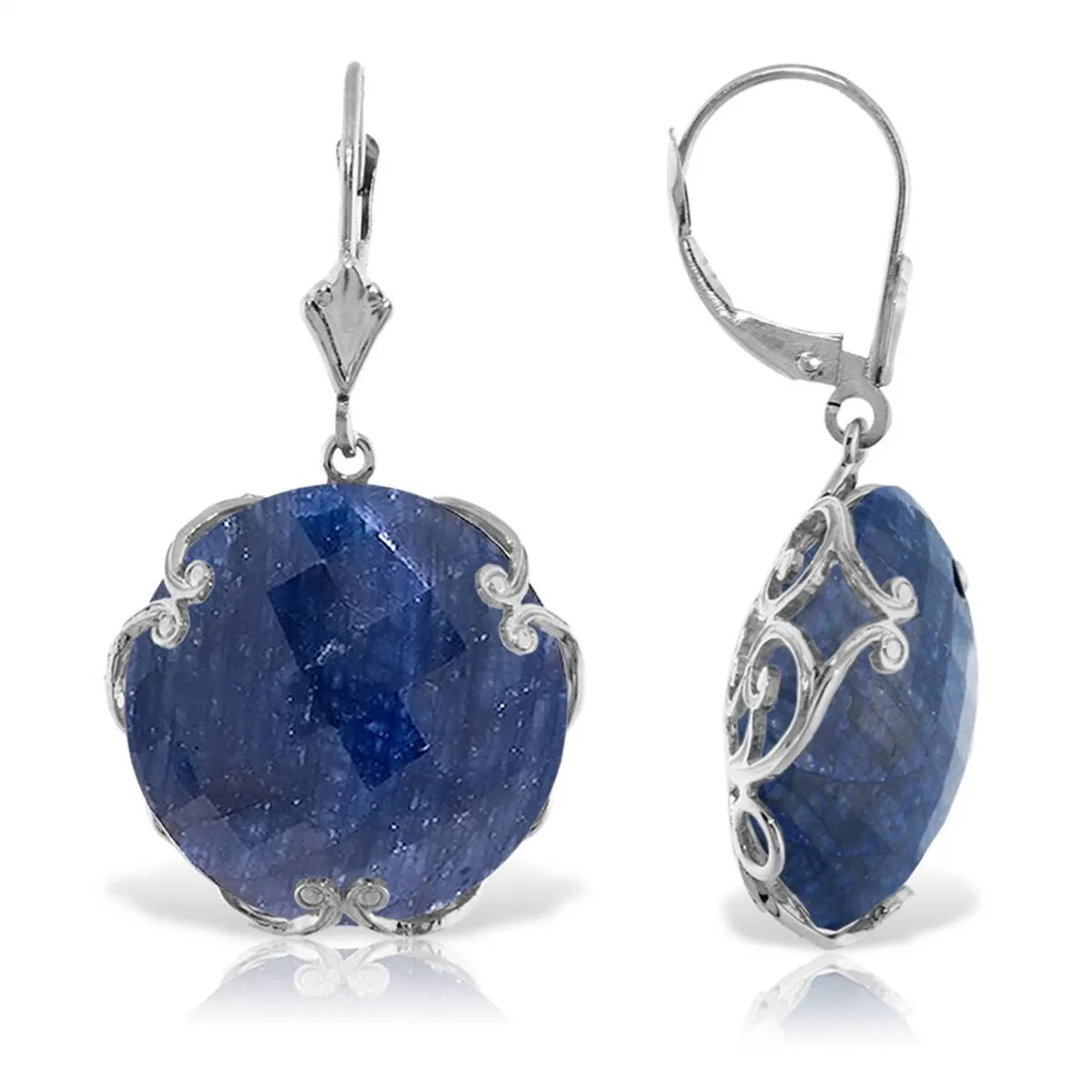 14K Solid White Gold Leverback Earrings w/ Checkerboard Cut Round Dyed Sapphires