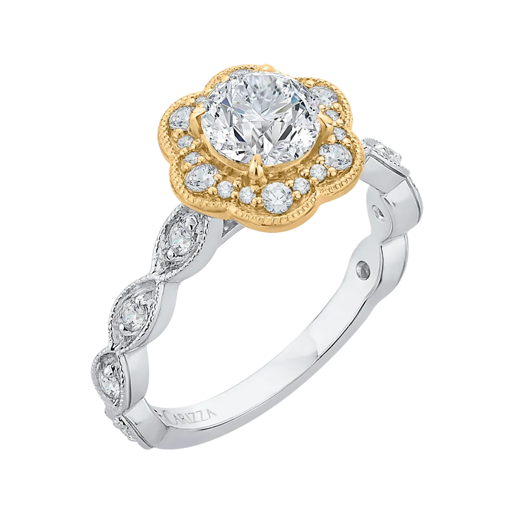 14K Two Tone Gold Round Cut Diamond Floral Halo Engagement Ring (Semi Mount)