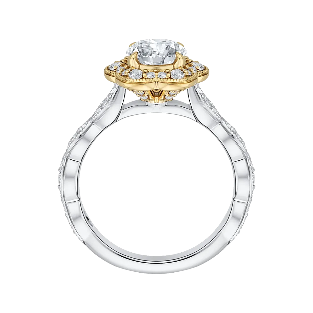 14K Two Tone Gold Round Cut Diamond Floral Halo Engagement Ring (Semi Mount)