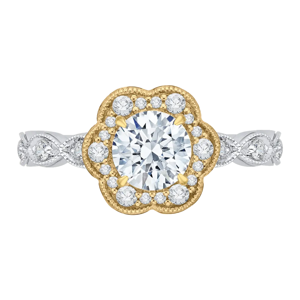 14K Two Tone Gold Round Cut Diamond Floral Halo Engagement Ring (Semi Mount)