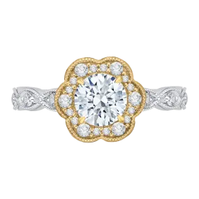 14K Two Tone Gold Round Cut Diamond Floral Halo Engagement Ring (Semi Mount)