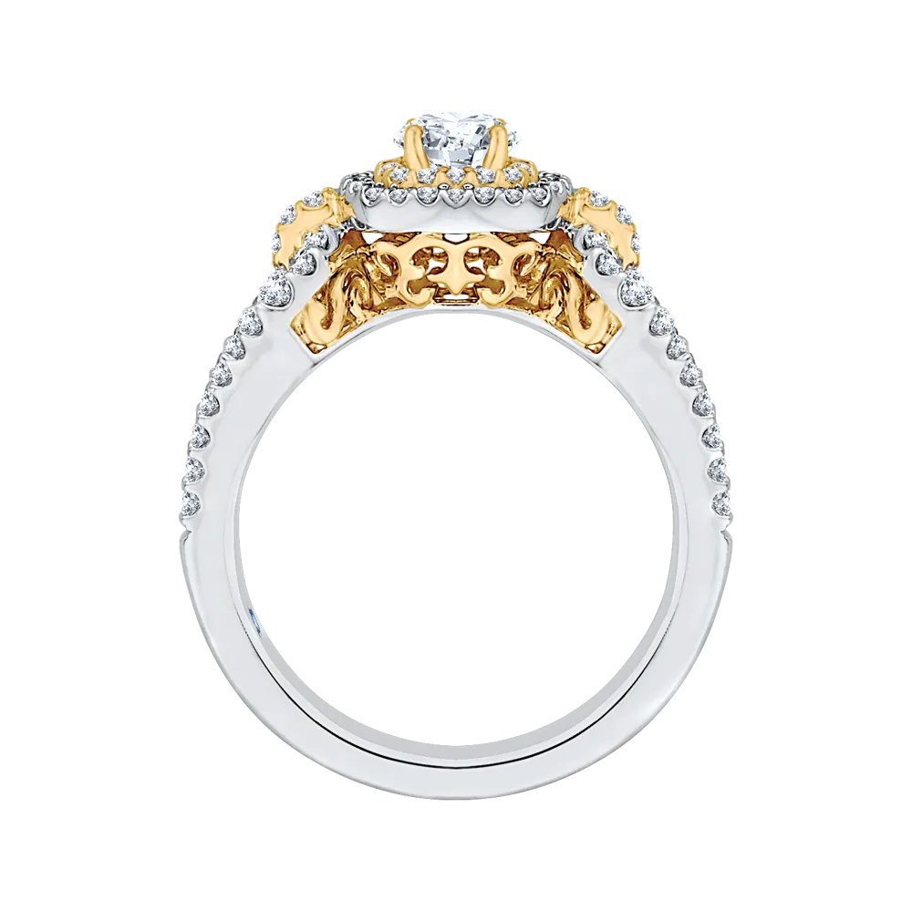 14K Two Tone Gold Round Diamond Double Halo Engagement Ring With Split Shank