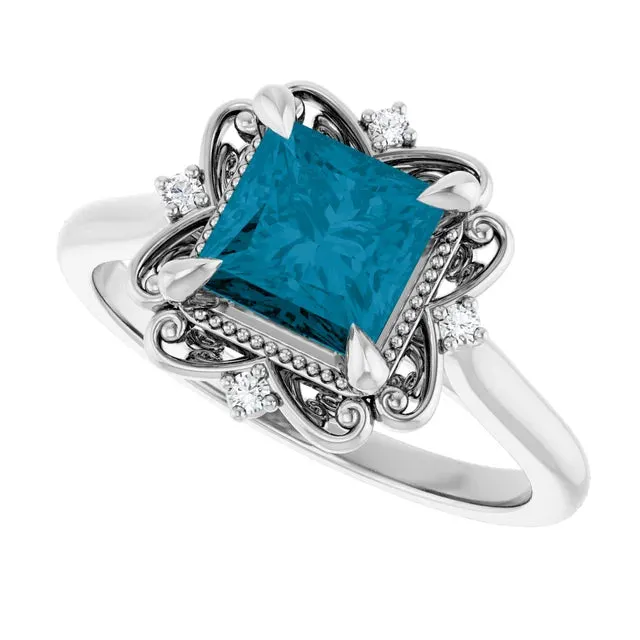 14K White Gold 6 mm Square Floral Engagement Ring with Blue Tourmaline