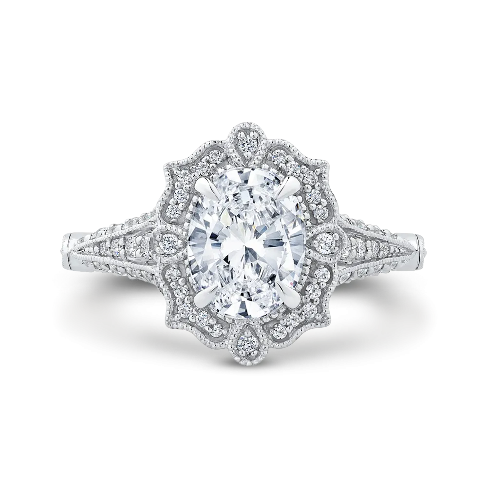 14K White Gold Oval Diamond Halo Vintage Engagement Ring (Semi Mount)