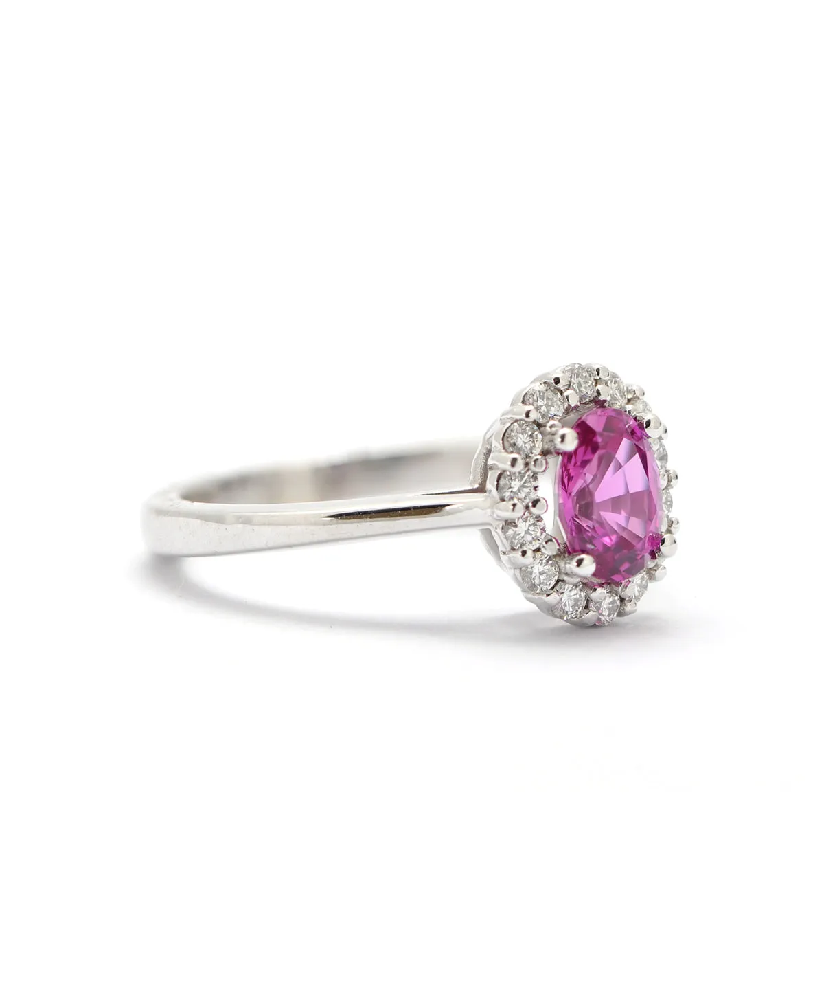 14K White Gold Pink Sapphire and Diamond Halo Ring