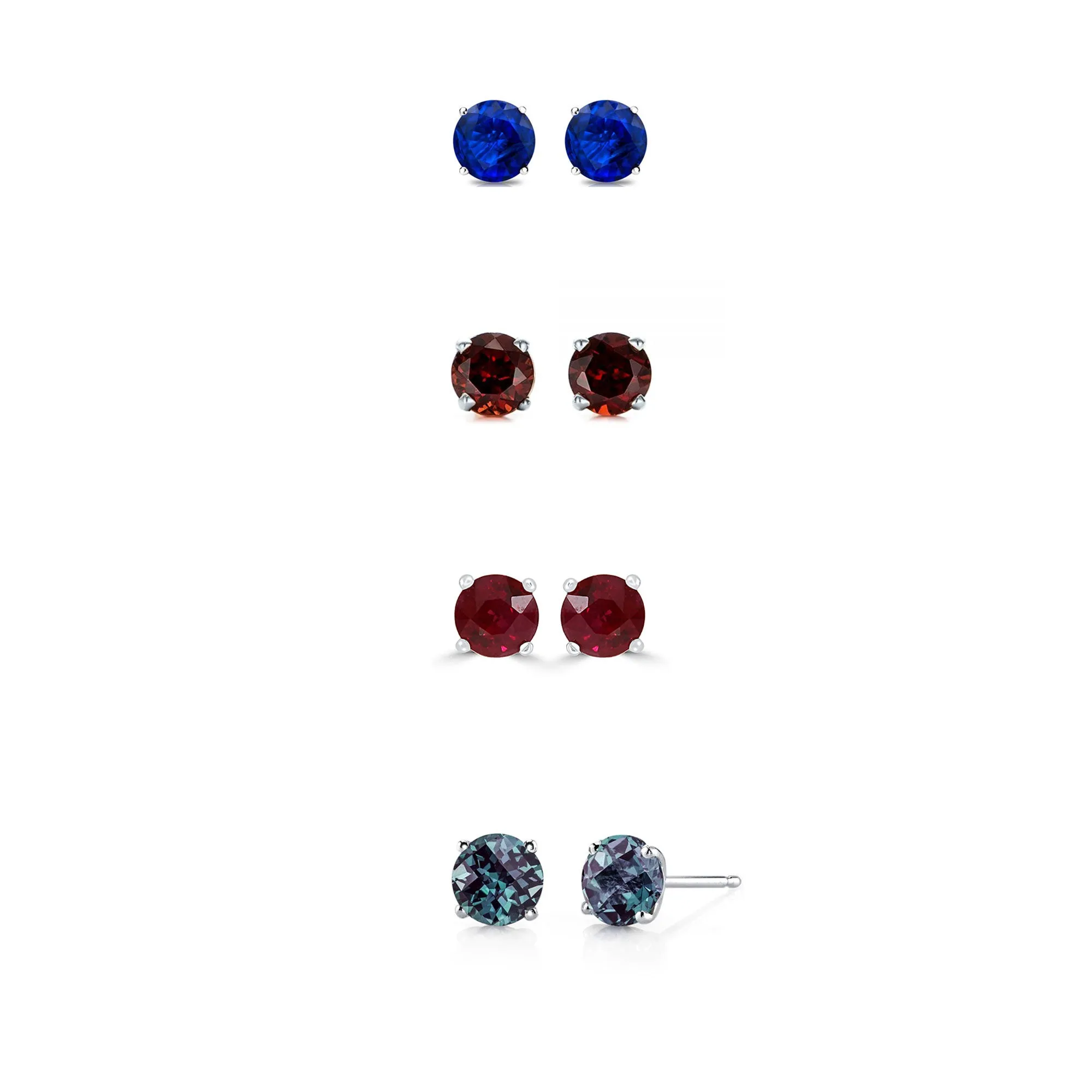 14k White Gold Plated 2Ct Created Blue Sapphire, Garnet, Ruby and Alexandrite 4 Pair Round Stud Earrings