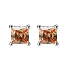 14k White Gold Plated 4 Carat Princess Cut Created Champagne Sapphire Stud Earrings