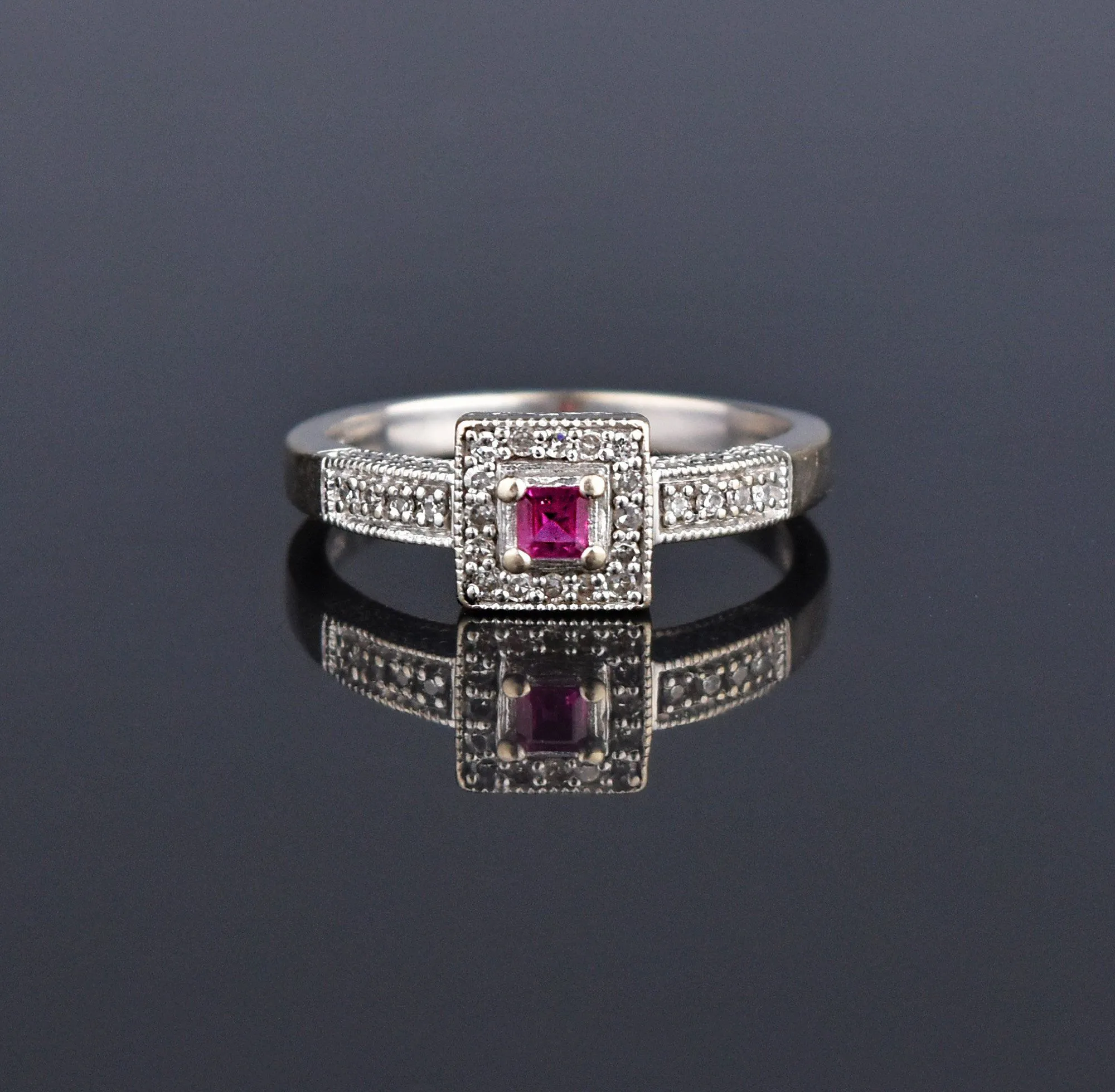 14K White Gold Ruby Diamond Halo Engagement Ring