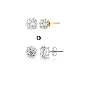 14k Yellow and White Gold Plated 2 Ct Created Round White Sapphire Stud Earrings