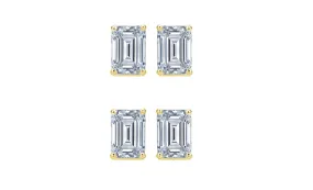 14k Yellow Gold 1Ct Emerald Cut White Sapphire Set Of Two Stud Earrings Plated