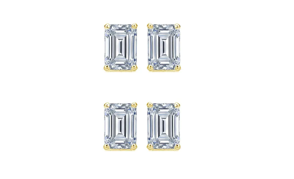 14k Yellow Gold 1Ct Emerald Cut White Sapphire Set Of Two Stud Earrings Plated