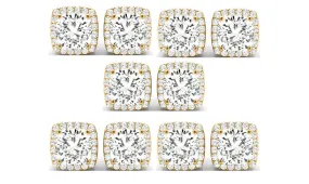 14k Yellow Gold 2Ct Cushion Cut White Sapphire Set Of Five Halo Stud Earrings Plated