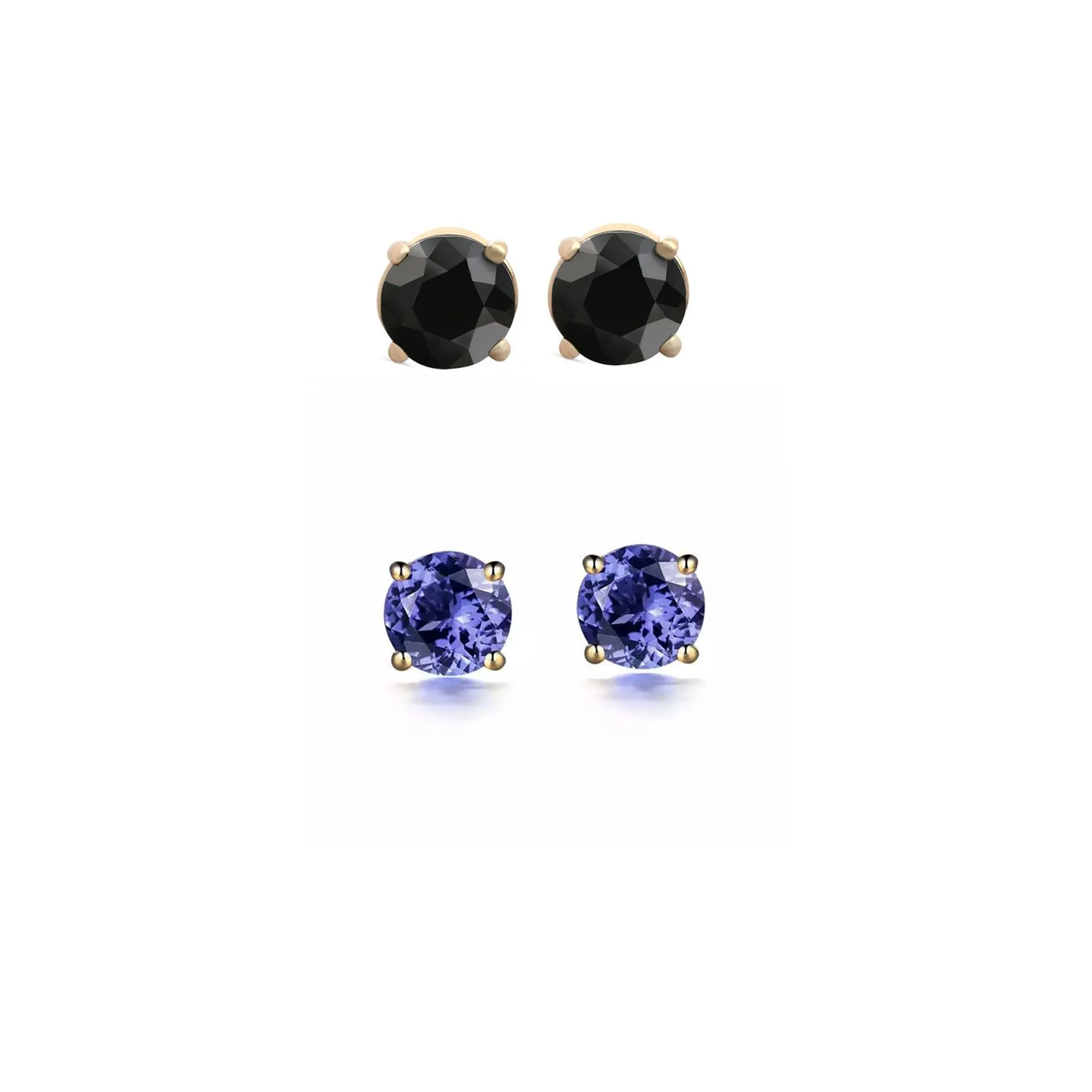 14k Yellow Gold Plated 1/2Ct Created Black Sapphire and Tanzanite 2 Pair Round Stud Earrings