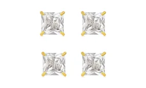 14k Yellow Gold Plated 1/2Ct Square Cut White Sapphire Set Of Two Stud Earrings